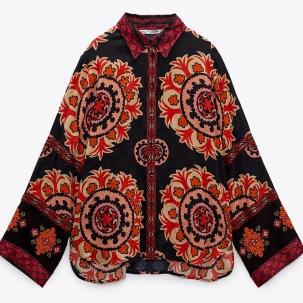 Zara Black and Red Floral embroidered blouse
